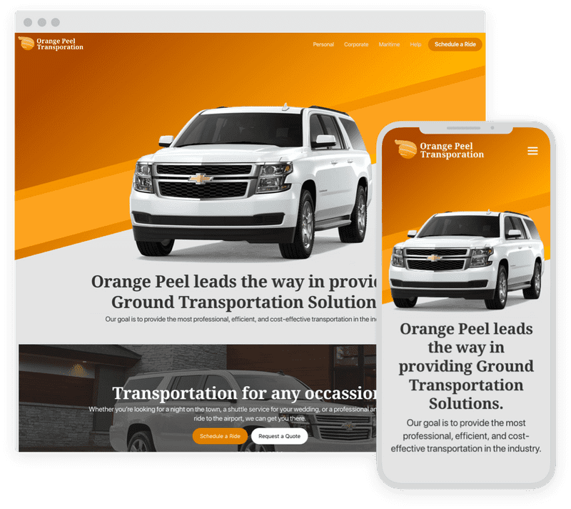 Banner of OrangePeelTransportation.com, featuring a desktop and mobile view